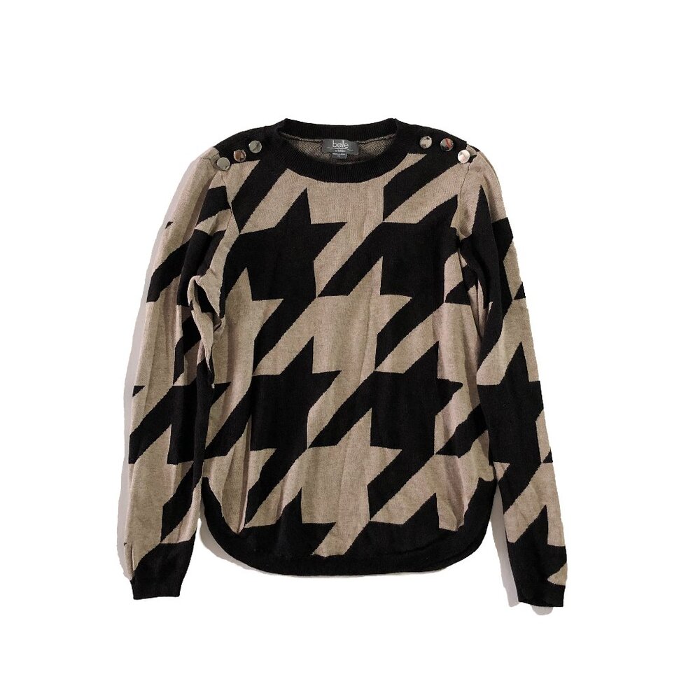 Belle By Belldini Womens Size XL Houndstooth Gold Button Shoulder Trim Sweater